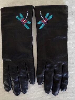 Met Museum Dragonfly Leather Gloves Wool Lined Art Nouveau Black
